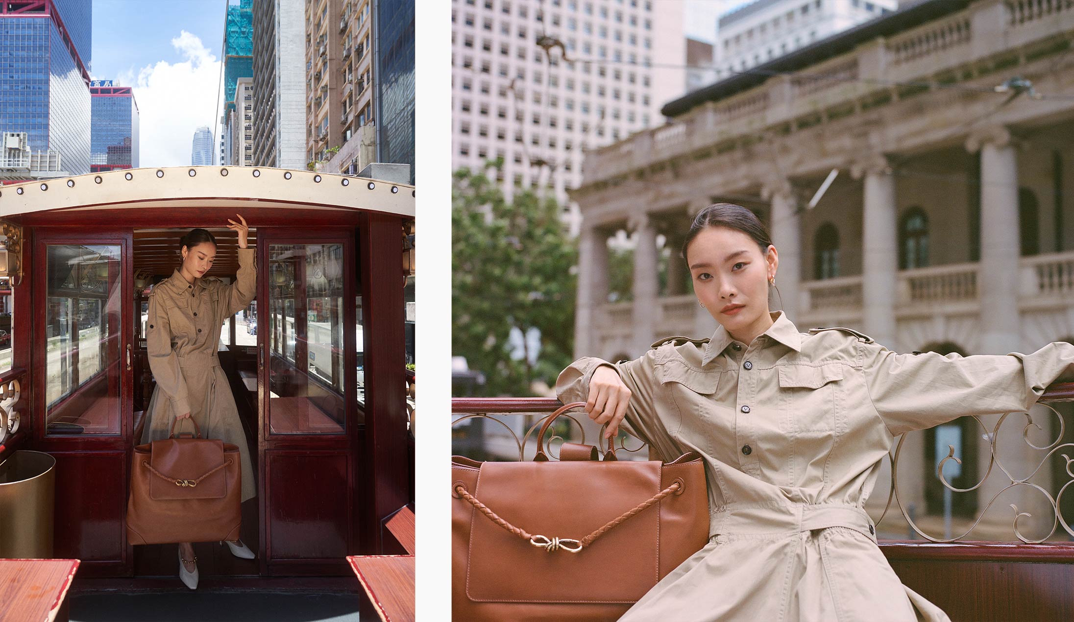 A model poses in Bottega Veneta in locations around Hong Kong