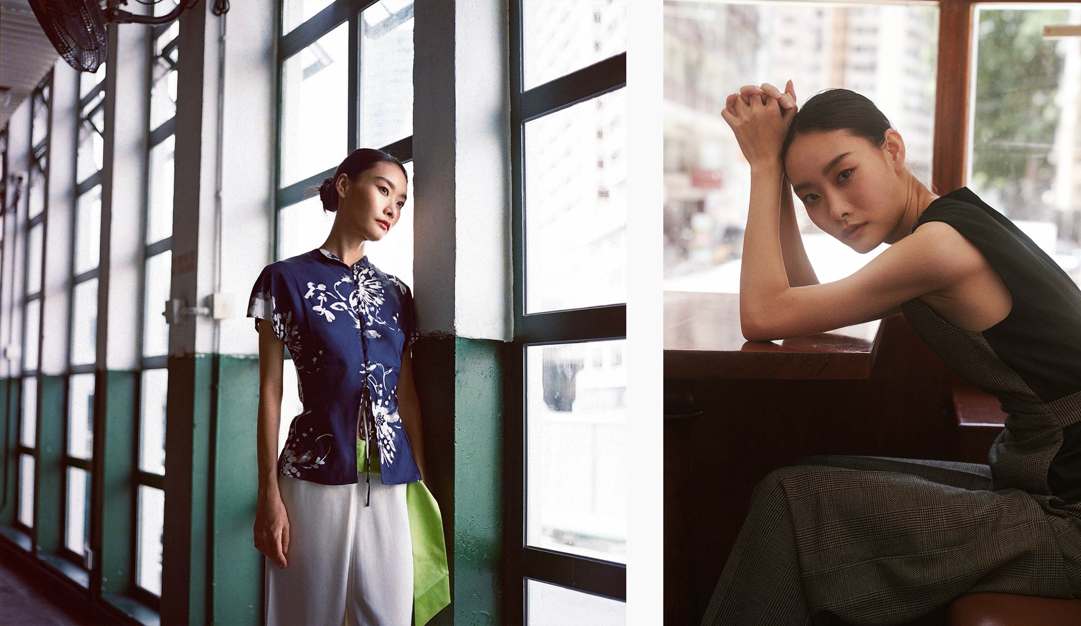 A model poses in Shanghai Tang and Max Mara at locations around Hong Kong