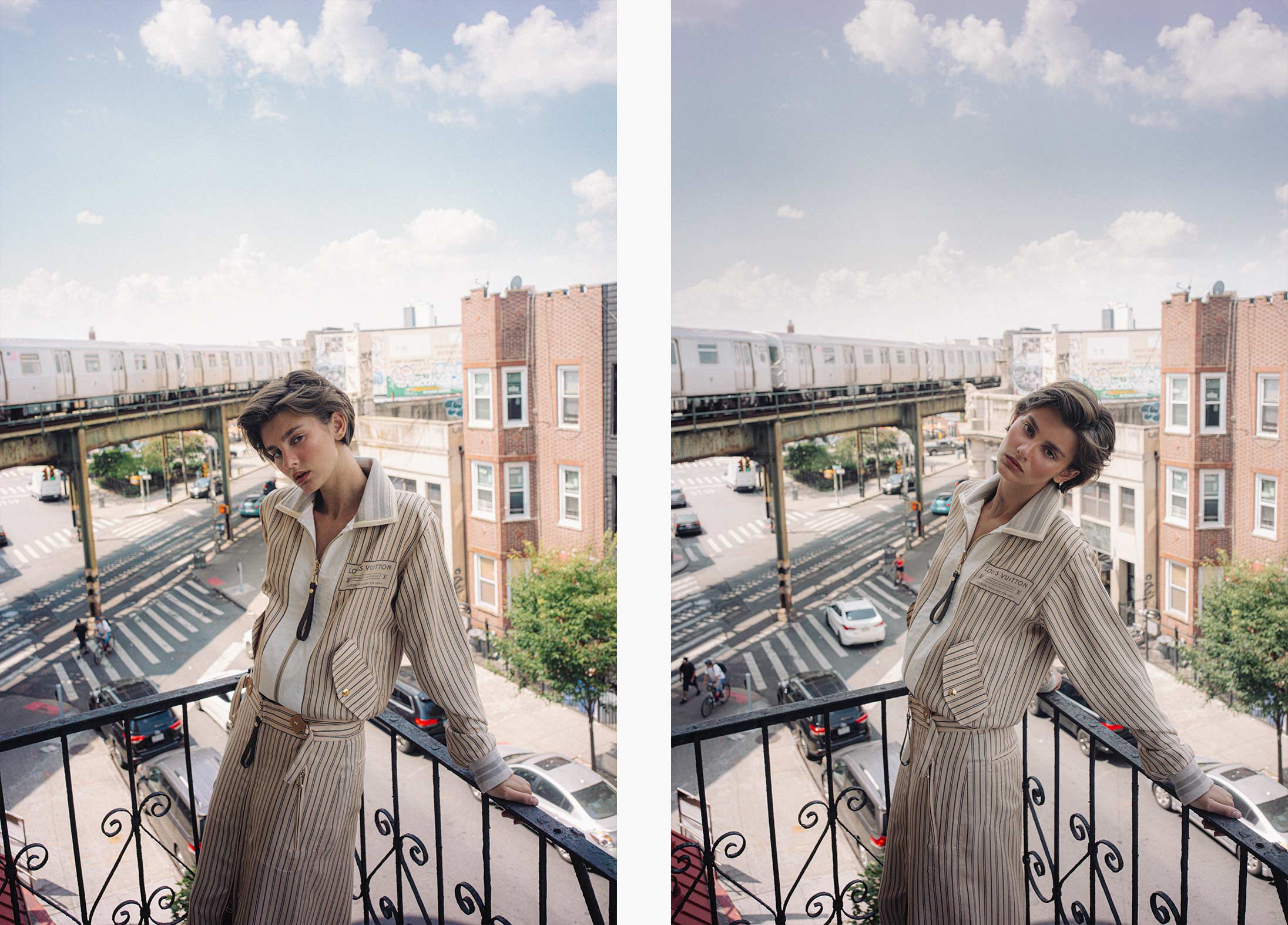 A model poses wearing Louis Vuitton in New York City