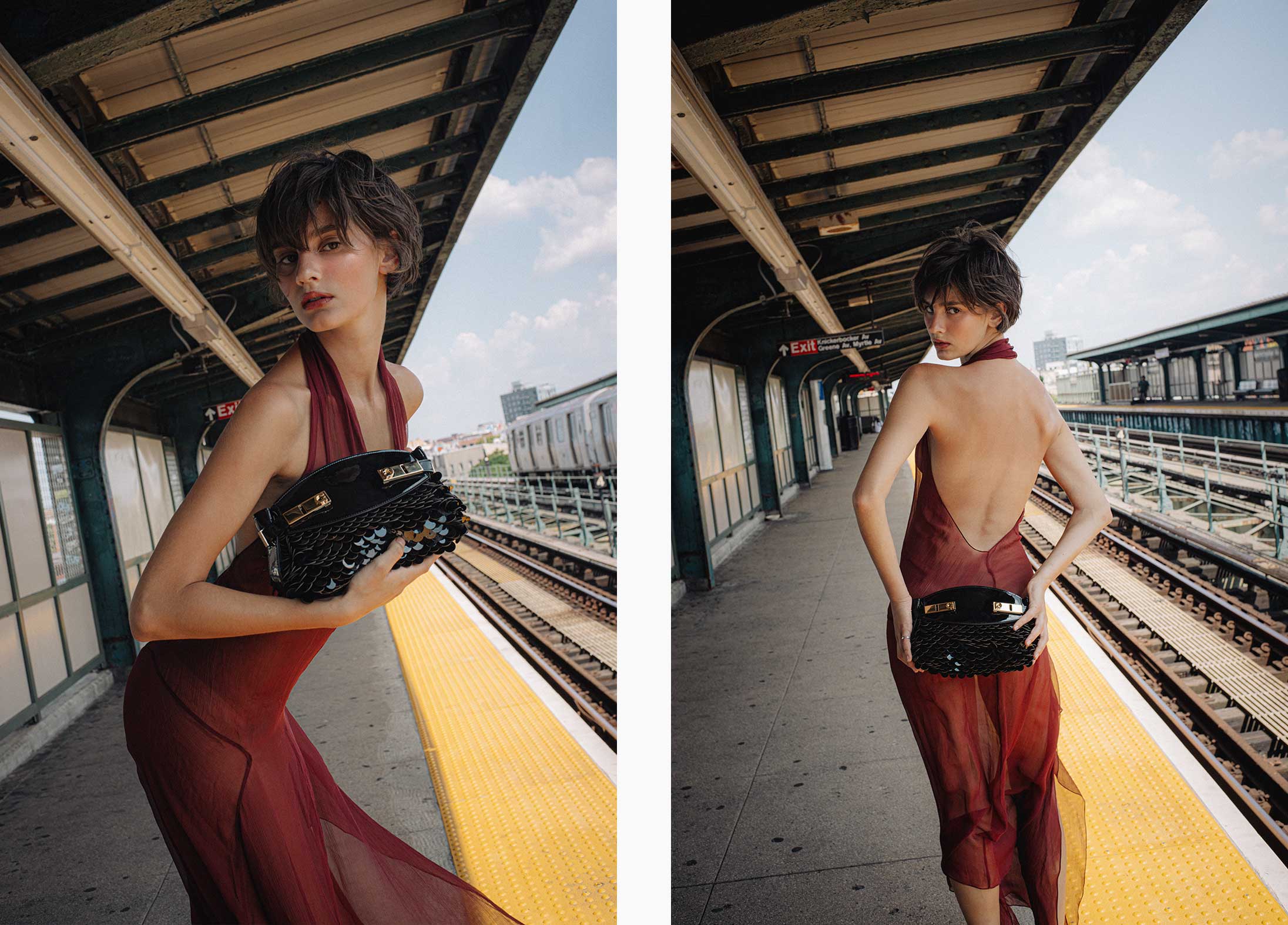 A model poses wearing Ferragamo in New York City