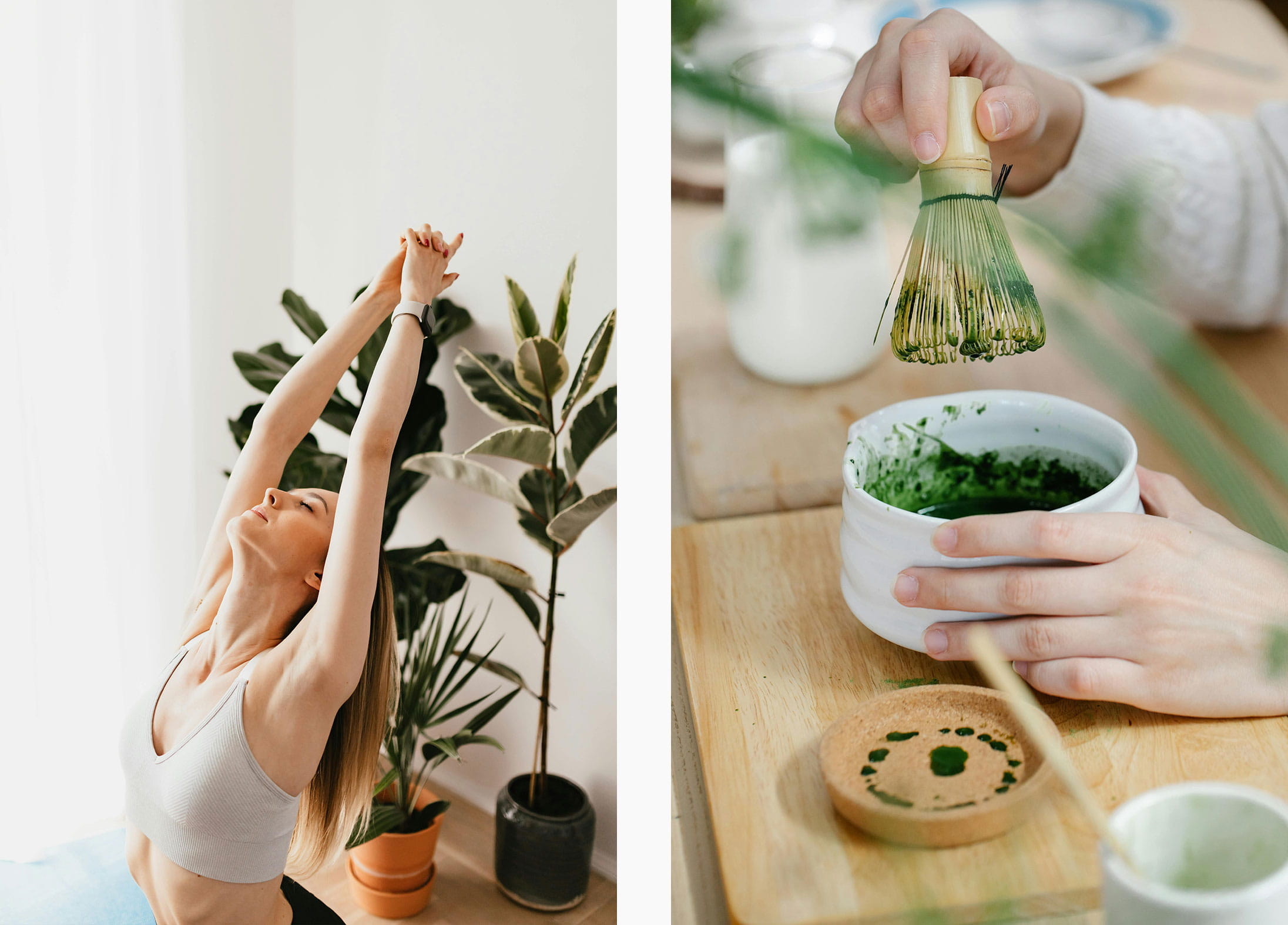 Mindful stretching and matcha whisking