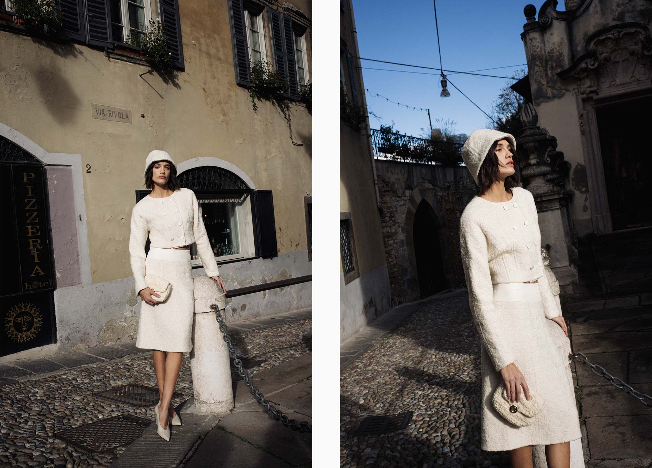 A model poses in Bergamo wearing Loro Piana