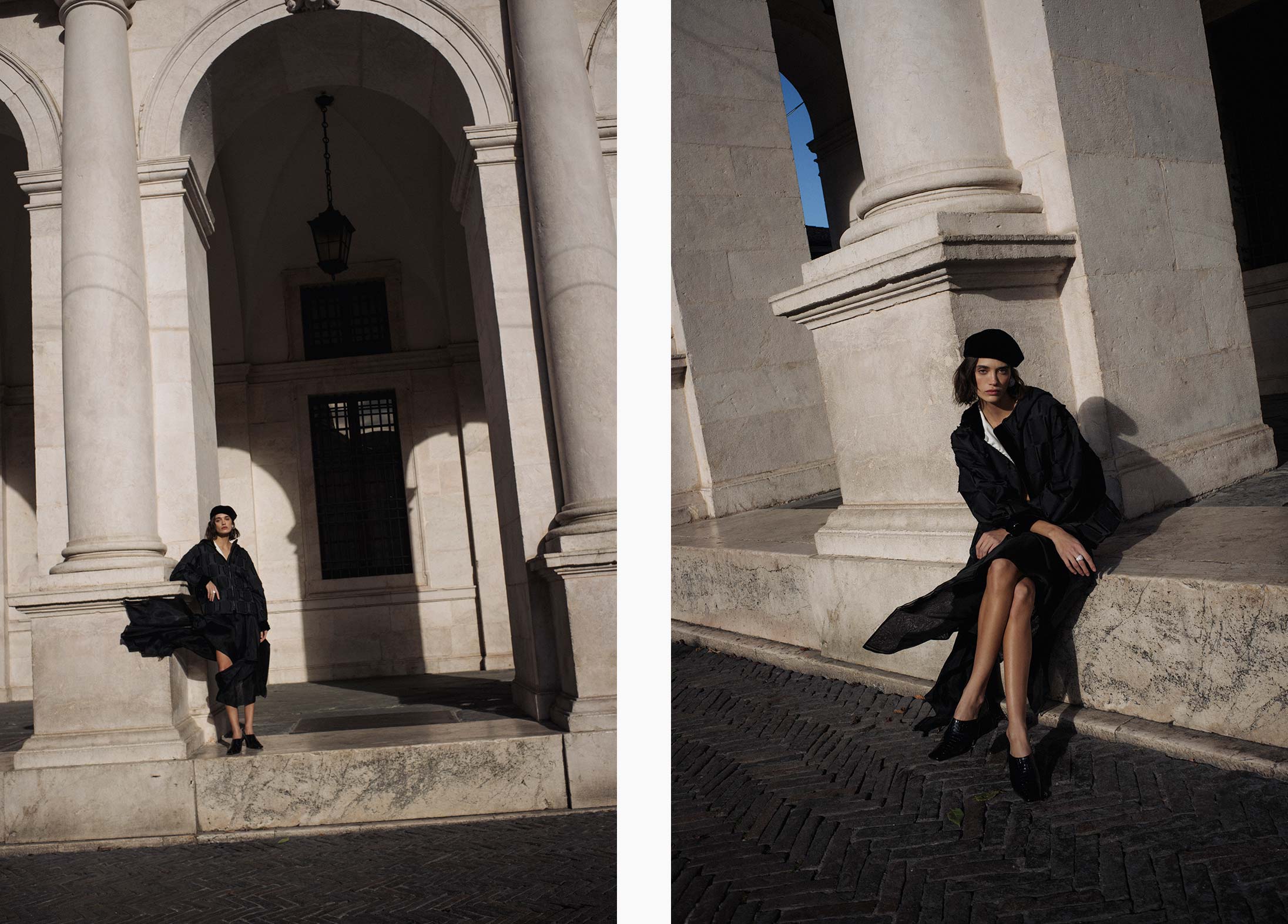 A model poses in Bergamo wearing Emporio Armani, Bottega Veneta and APM Monaco