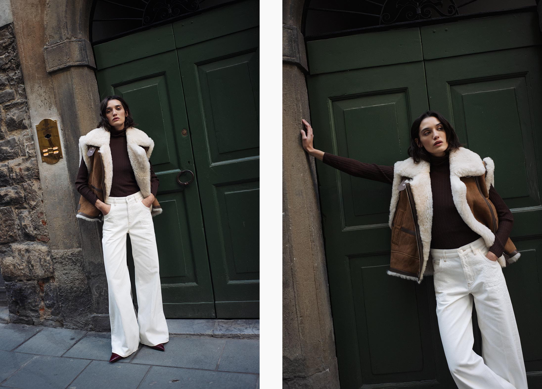 A model poses in Bergamo wearing Hogan, Maje, Sandro and Gucci