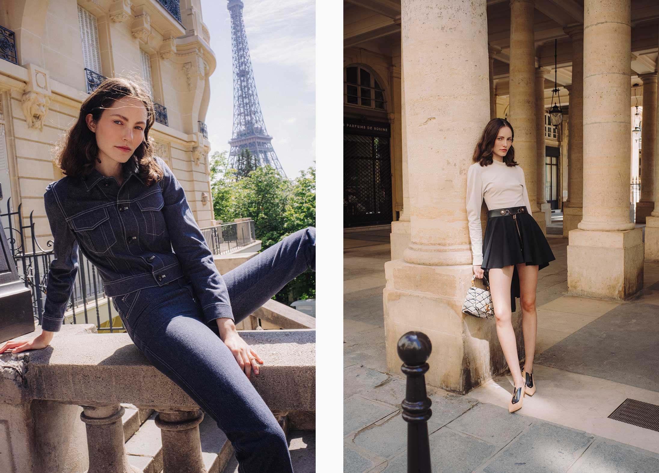 A model poses on the streets of Paris wearing Loro Piana and Louis Vuitton