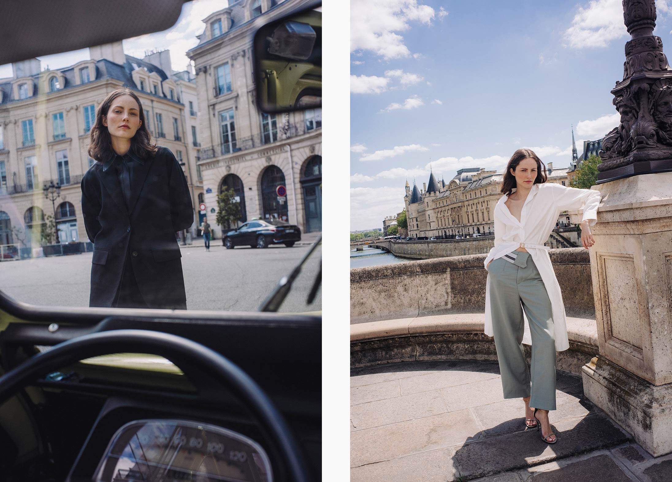 A model poses on the streets of Paris wearing Sportmax and Fendi