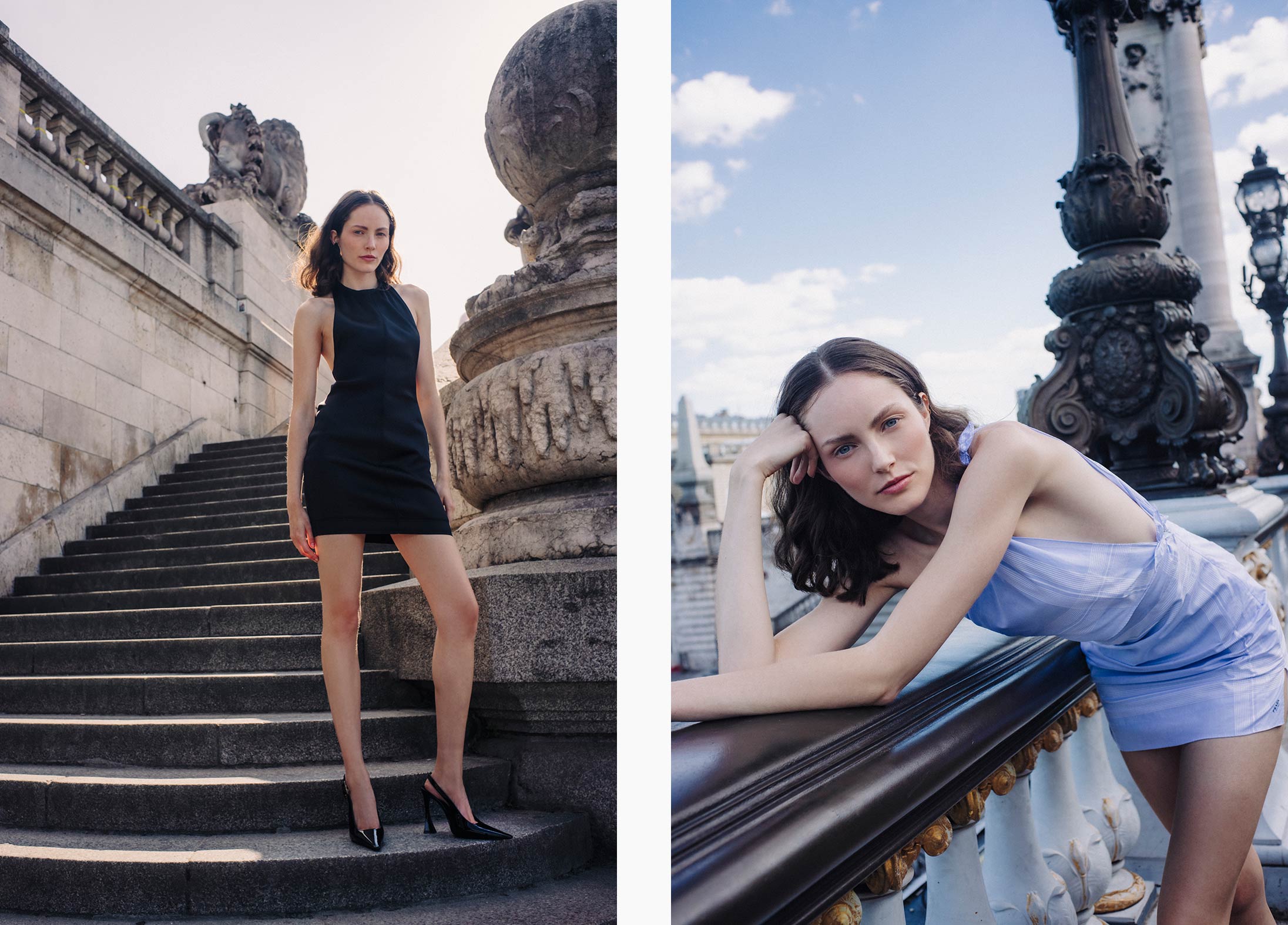 A model poses on the streets of Paris wearing Saint Laurent and Prada