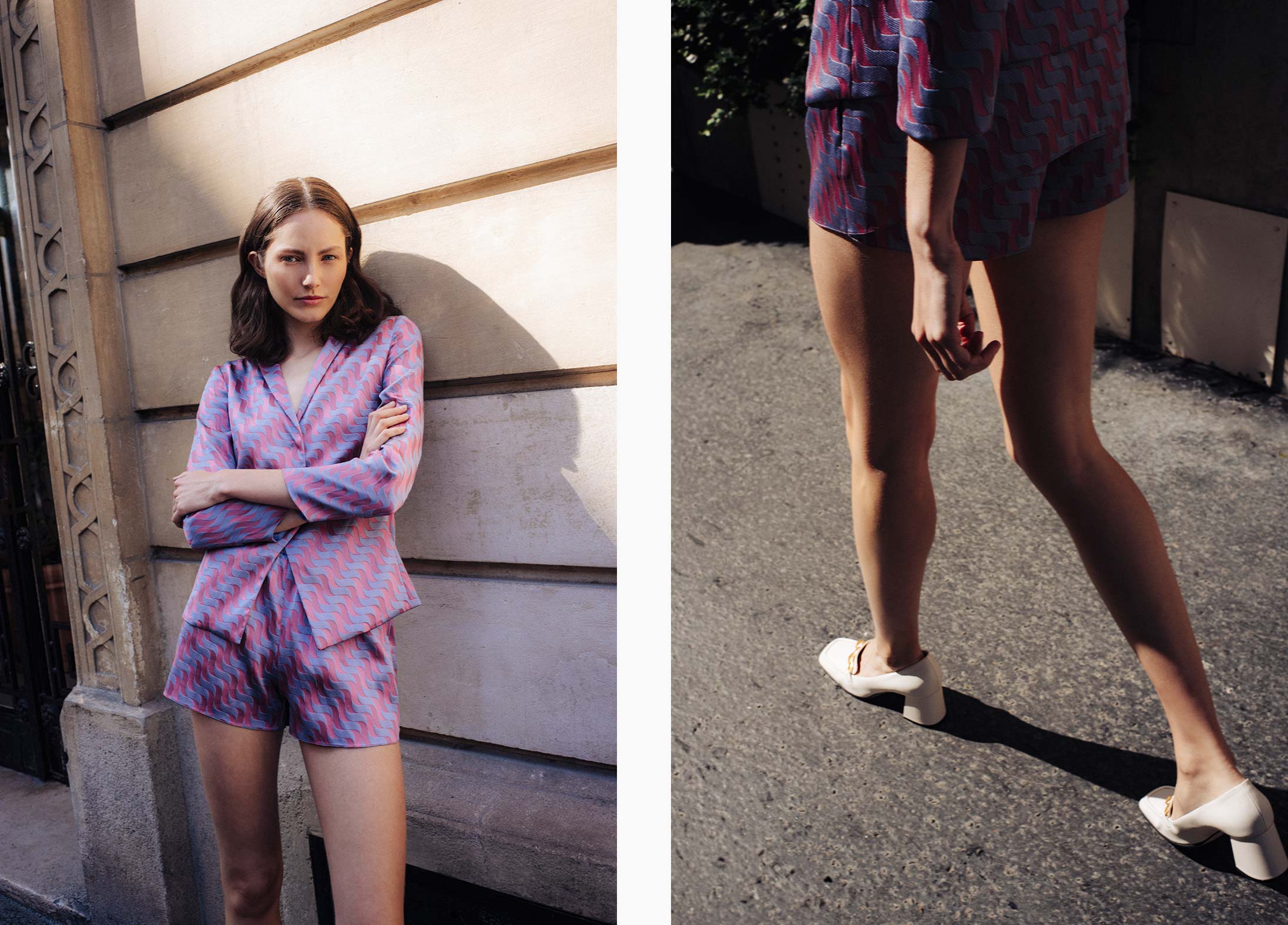 A model poses on the streets of Paris wearing Emporio Armani and Jimmy Choo