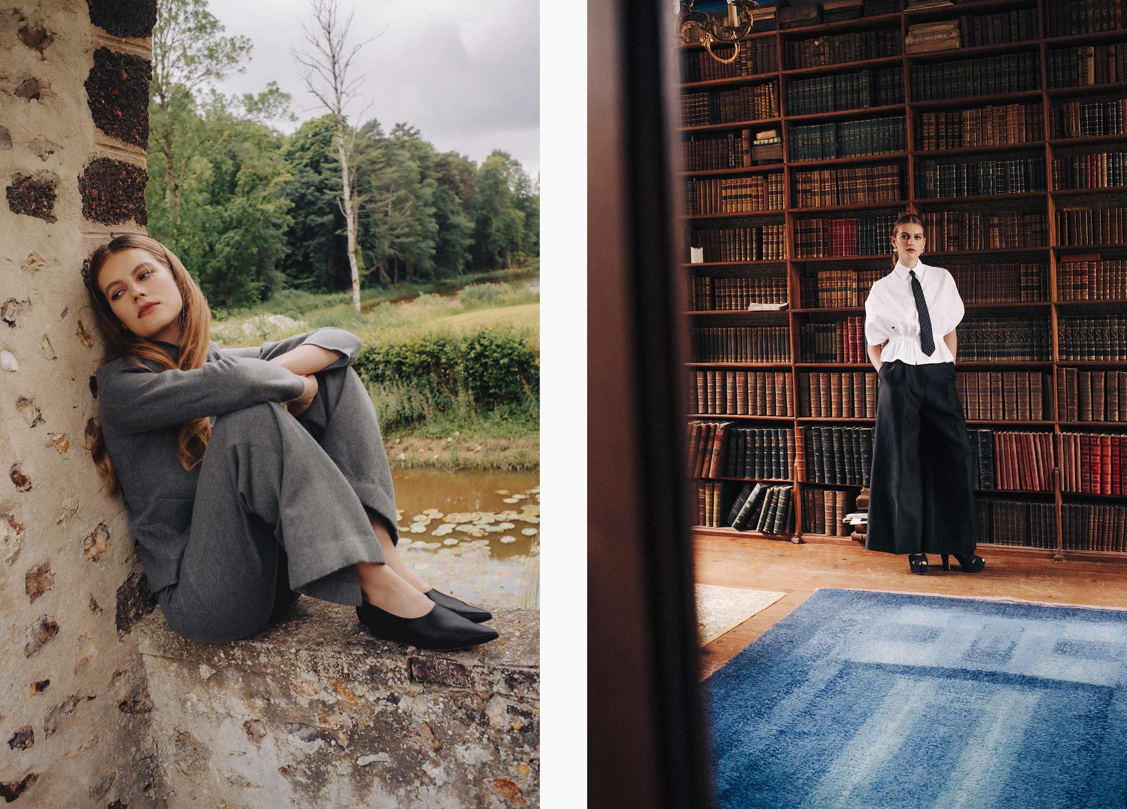 A model poses in a chateau wearing Loro Piana and DIOR