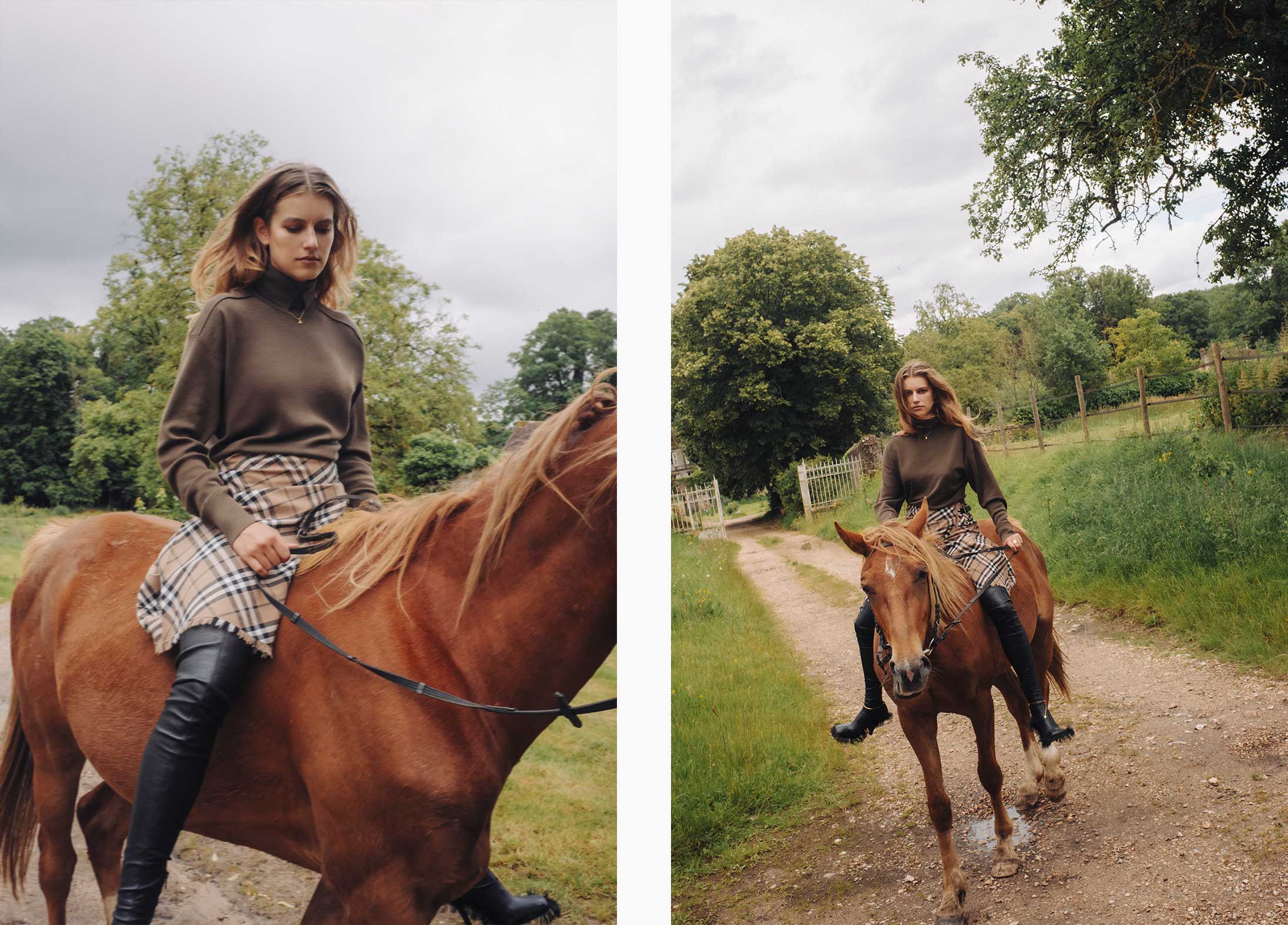 A model rides a horse wearing Burberry