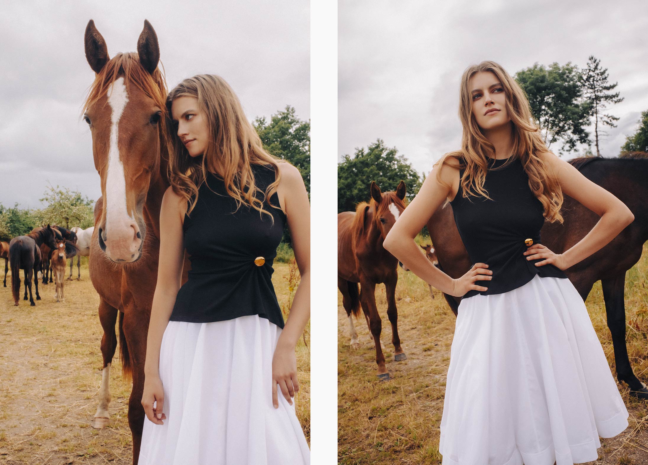 A model poses in LOEWE with a horse