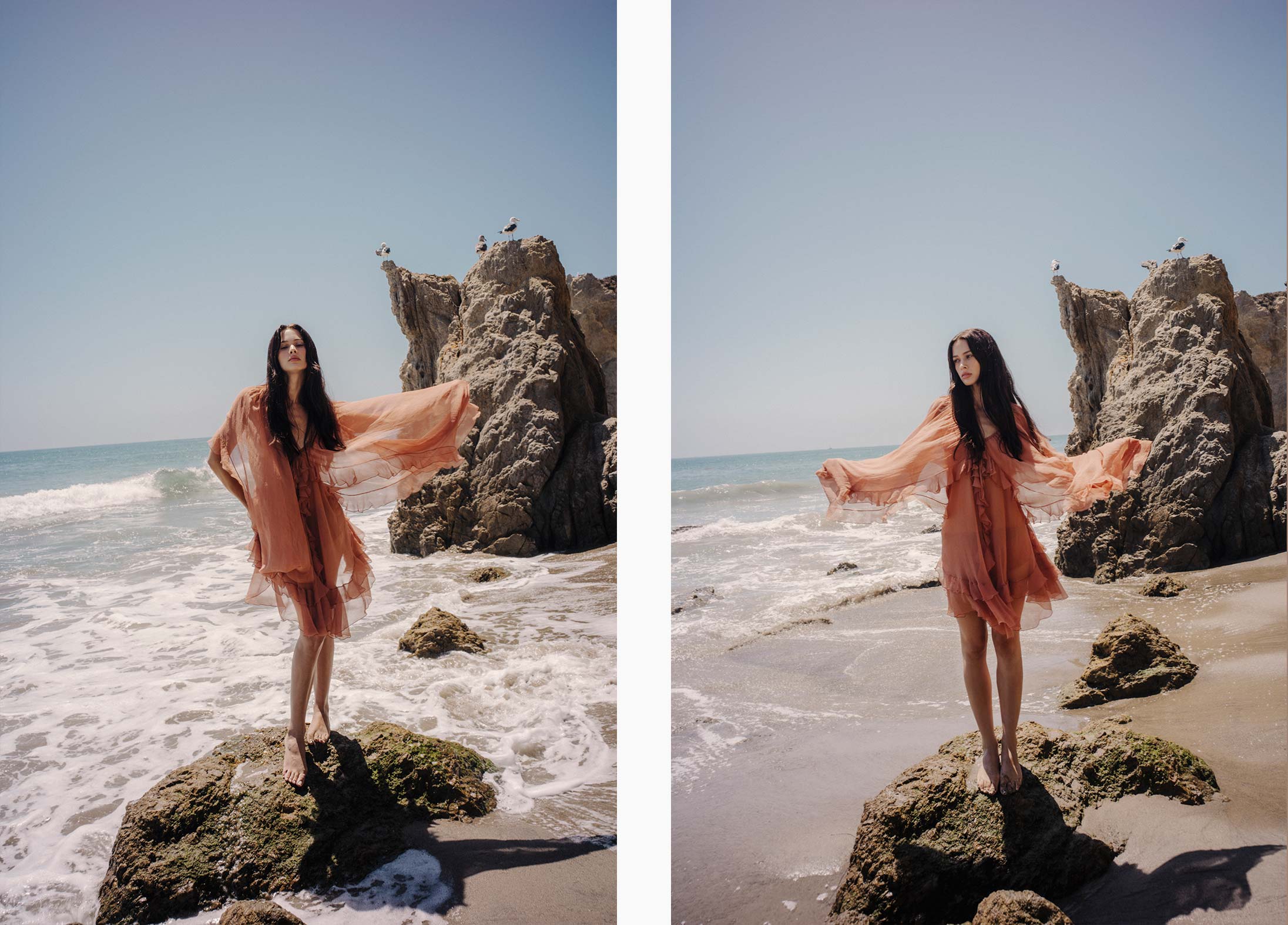 A model poses in Chloé at the beach in Malibu