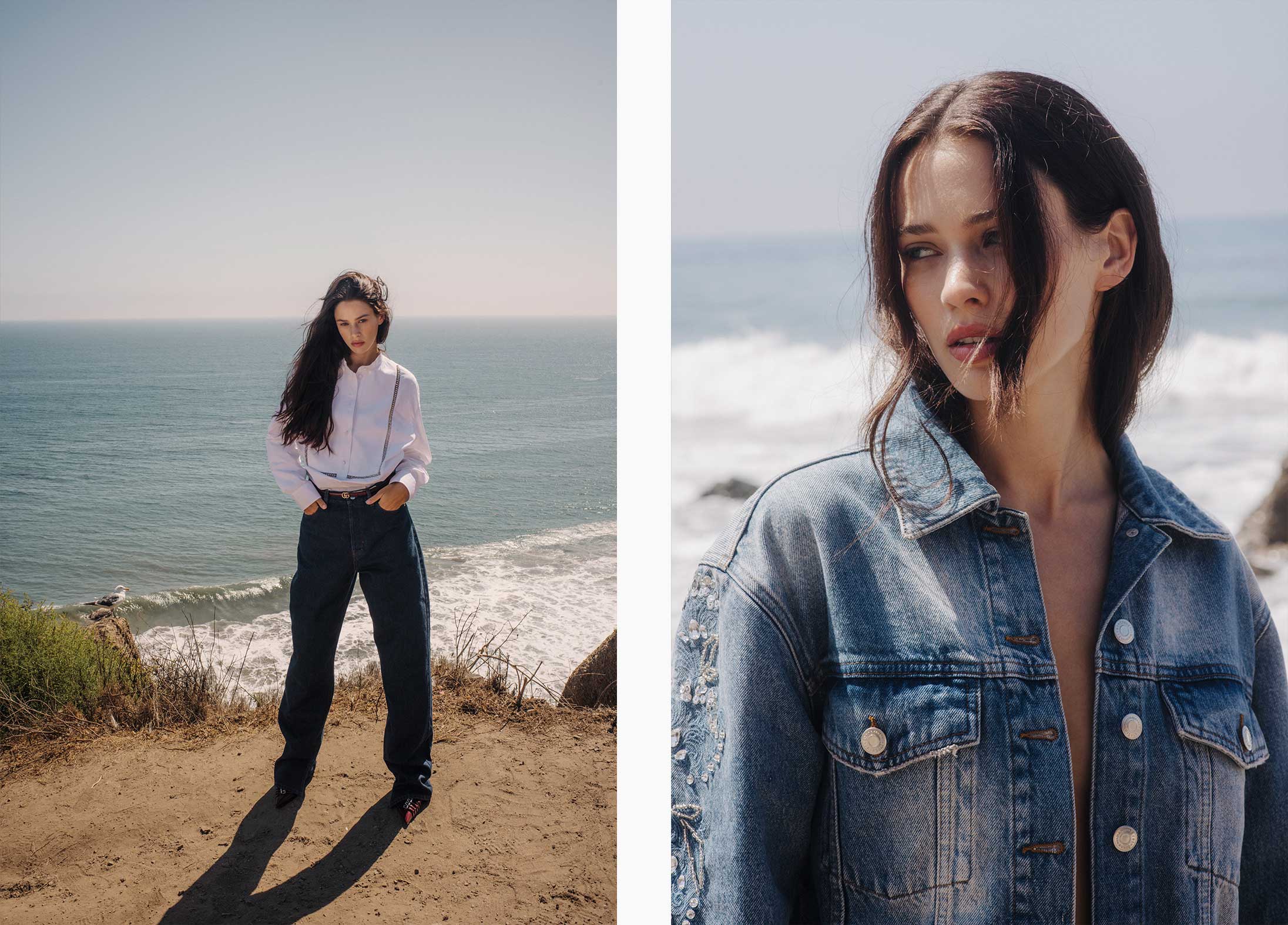 A model poses in Gucci and Maje at the beach in Malibu