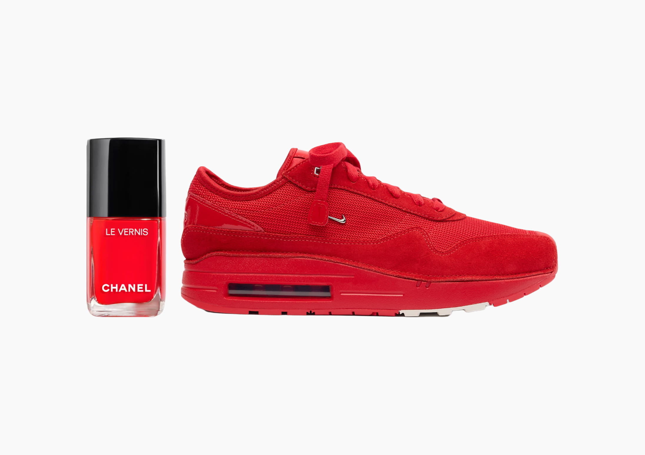 The Jacquemus+Nike Air Max 1 86 Sneakers in Dark Red pair with CHANEL BEAUTÉ Le Vernis Nail Colour in 147 Incendiaire