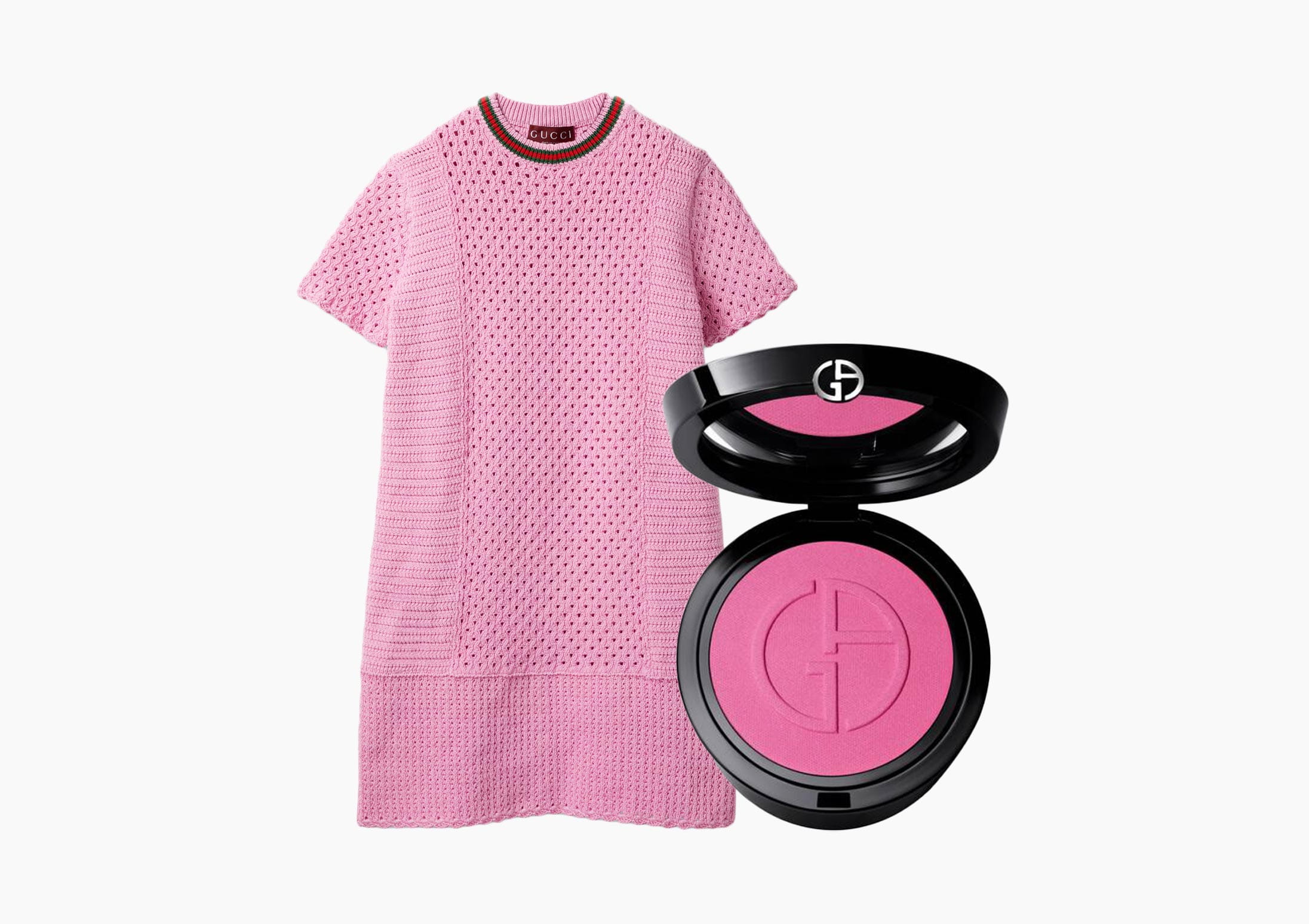 The Gucci Crochet-Effect Cotton Dress with Web pairs with Armani Beauty Luminous Silk Glow Blush in 52