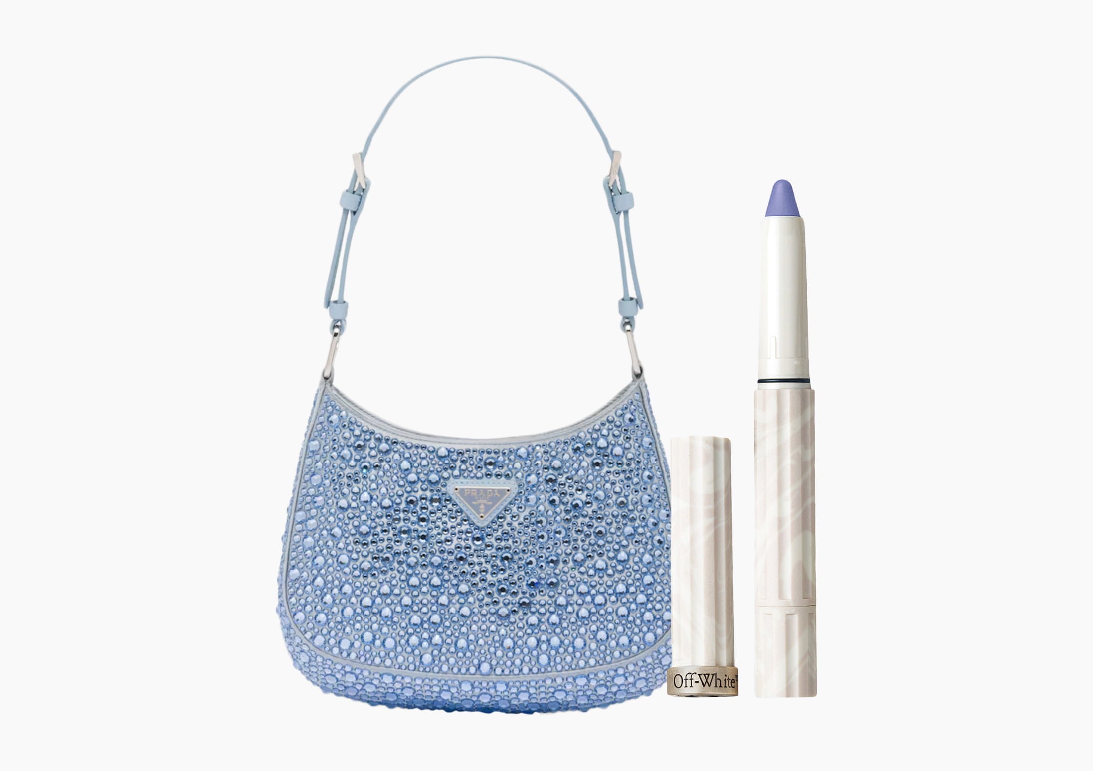 The Prada Cleo Satin Bag with Crystals in Light Blue pairs with OFF-WHITE Imprint Face and Body Solid Pigments in Spirit available at Harvey Nichols