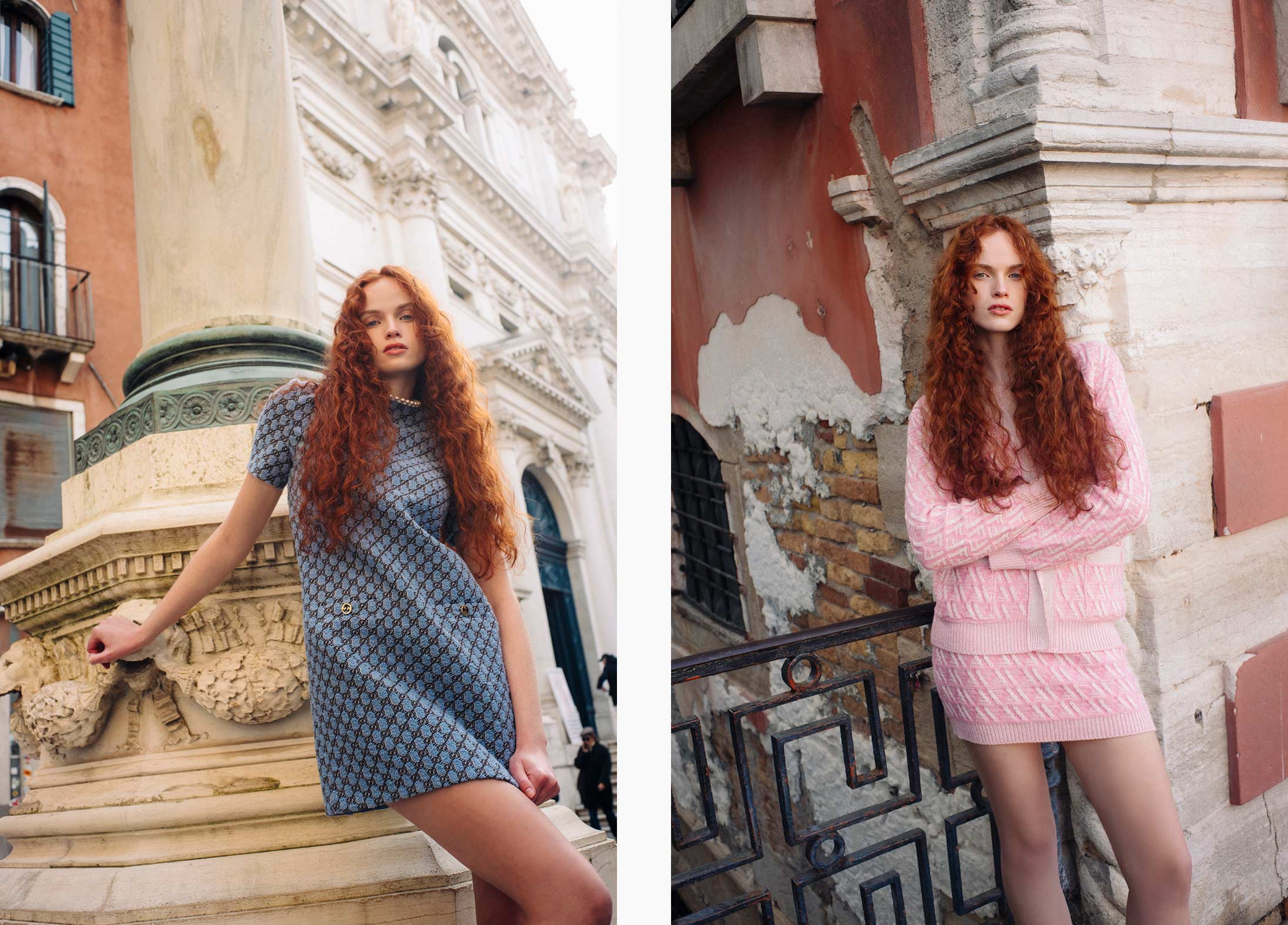 A model poses in Gucci and Fendi in Venice