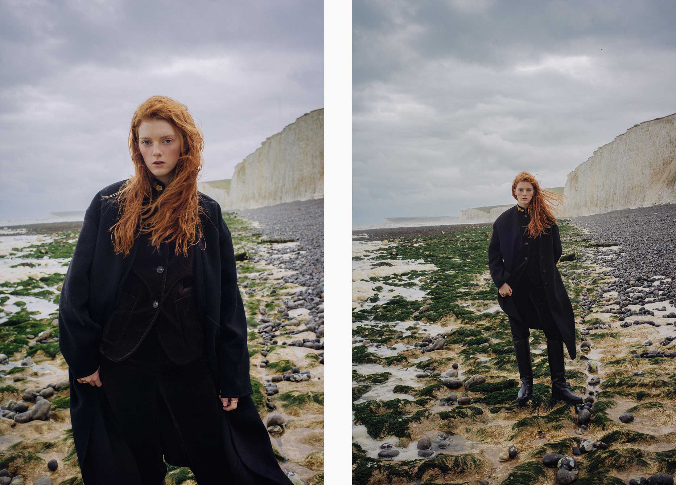 A model poses in Loro Piana at Seven Sisters in England