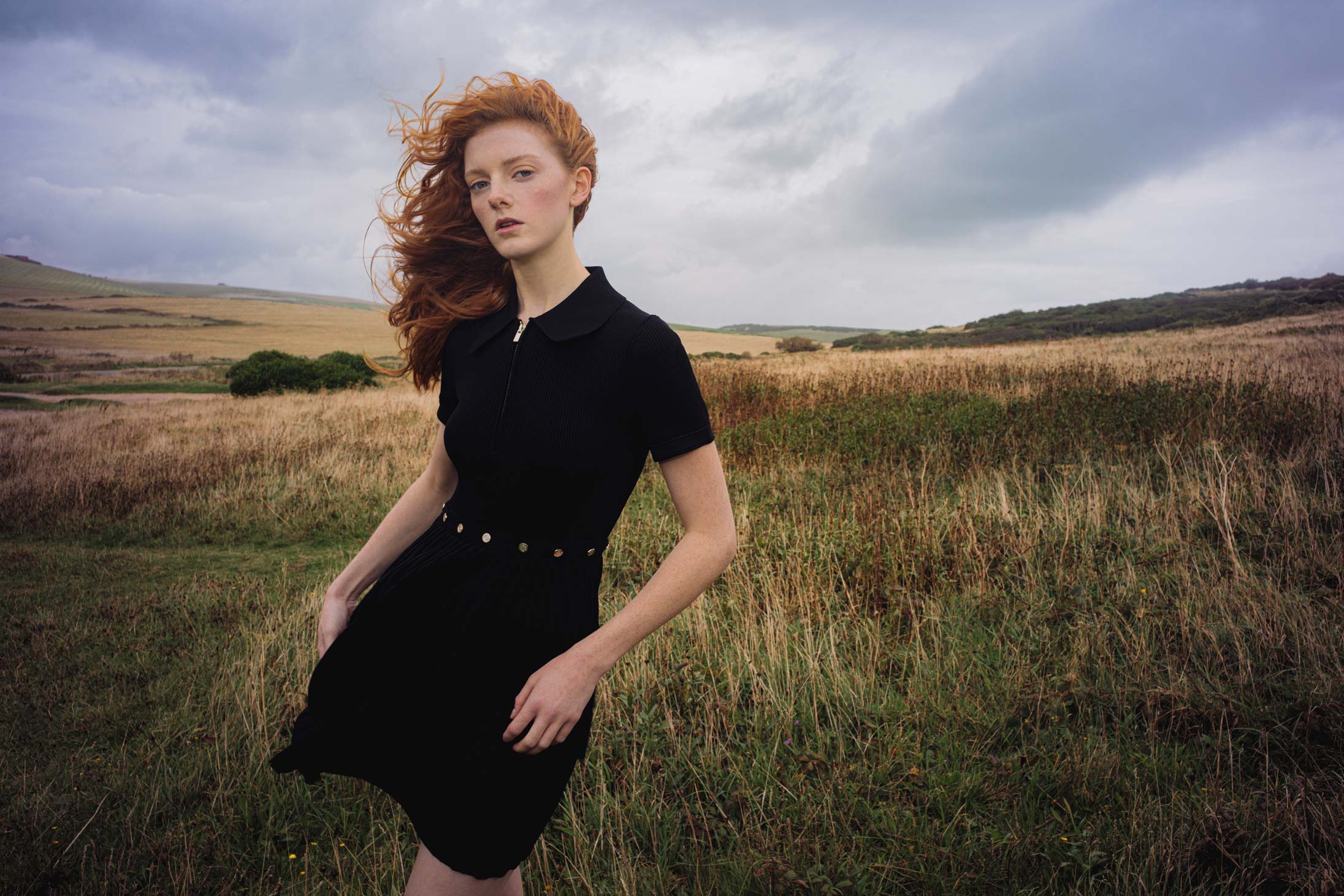 A model poses in Maje at Seven Sisters in England