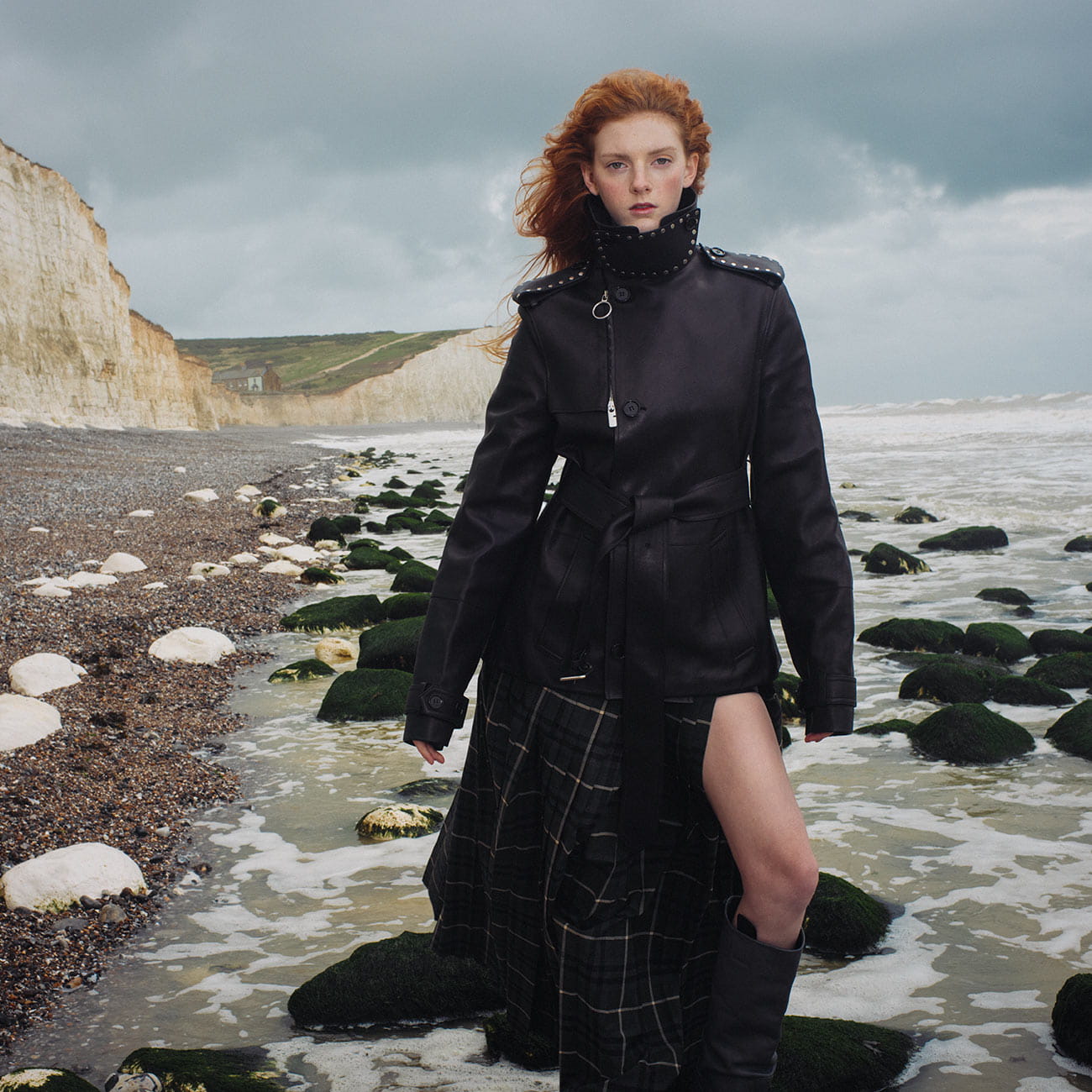 A model poses in Burberry at Seven Sisters in England